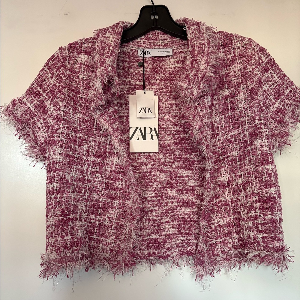 NWT Zara Women's Pink and White Tweed Cardigan